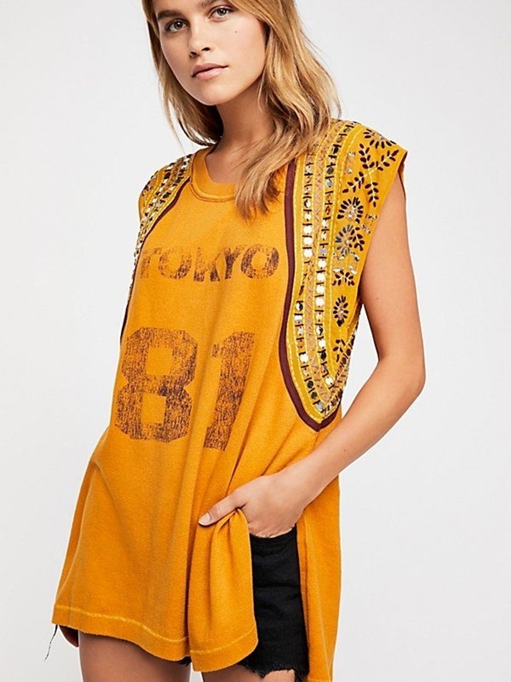 We The Free People Summer Nights TOKYO Embellished Embroidered Boho Graphic Top